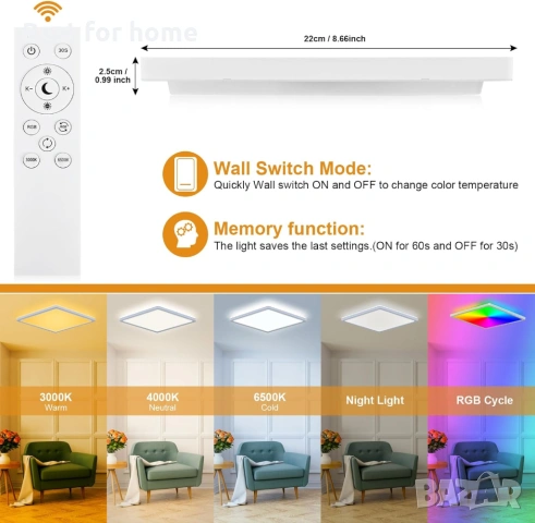 LEZOE RGB LED таванна лампа с димируема светлина и дистанционно управление, 18W 1800lm, снимка 8 - Лед осветление - 54318416