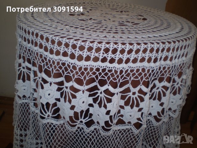  Винтидж ръчно плетена бяла памучна покривка за маса , снимка 4 - Антикварни и старинни предмети - 35656016