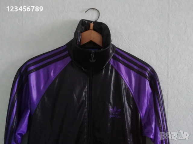 Adidas Chile 62 оригинално мъжко черно-лилаво горнище размер S Vintage Trefoil ретро блестящо , снимка 4 - Спортни дрехи, екипи - 52185125
