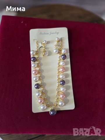 Комплект колие и обеци с изкуствена перла, снимка 4 - Колиета, медальони, синджири - 54010306