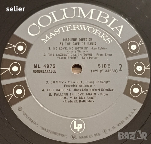 Marlene Dietrich ‎– Marlene Dietrich At The Cafe De Paris Издание на Columbia 🇺🇸 USA 1955г - MONO , снимка 3 - Грамофонни плочи - 53058502