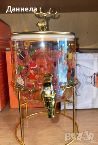 Стъклен диспенсър за напитки 2.6 L с коледен дизайн и златиста стойка, снимка 5 - Други стоки за дома - 51812547