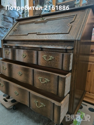 Дъбово писалище с месингови дръжки , снимка 2 - Шкафове - 54100041