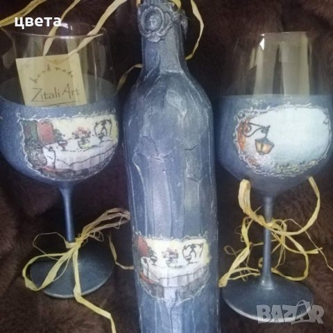 Романтичен сет за вино - чаши и бутилка, снимка 1 - Подаръци за сватба - 35527889