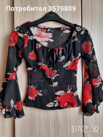 Къса прозрачна ефирна блуза с три четвърти широк ръкав, в червено-черна щаппа, снимка 10 - Корсети, бюстиета, топове - 39568471