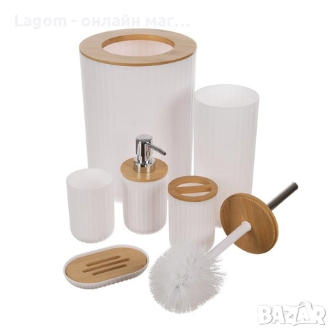 Комплект аксесоари за баня Ruhhy 24635 – 6 елемента с бамбукови детайли, бял цвят, снимка 4 - Органайзери - 52549605