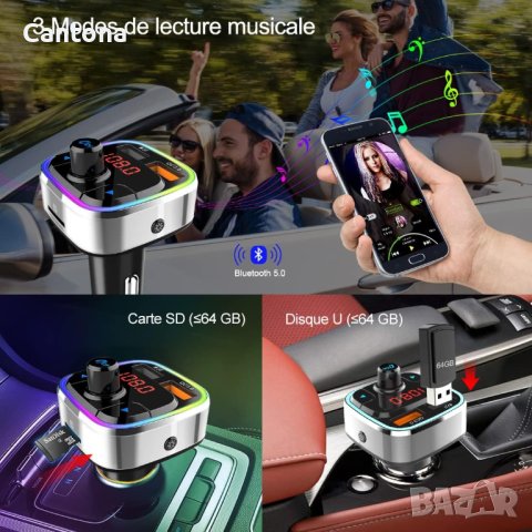 FM трансмитер Bluetooth 5.0, Волтметър, 6 LED светлини,  Dual USB QC3.0, Siri, Google, снимка 4 - Аксесоари и консумативи - 42346152