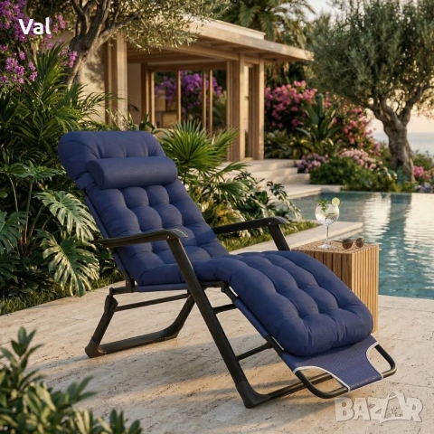 Сгъваем градински шезлонг, регулируем, със синя ватирана възглавница и дишаща материя, 178 см