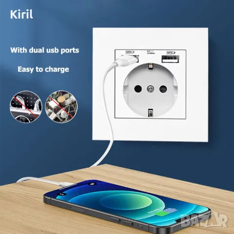 Електрически контакт за вграждане с 2 USB порта, 5V 2.1A , 86mm*86mm 16A с двоен USB порт, IOS Andro, снимка 3 - Ключове, контакти, щепсели - 47699879