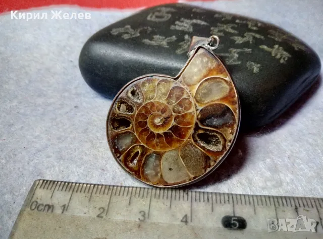 НАТУРАЛЕН ОПАЛИЗИРАН АМОНИТ в ПОСРЕБРЕН ОБКОВ Стар МЕДАЛЬОН РЪЧНА ЮВЕЛИРНА АРТ РАБОТА ПОЛИРАН 48807, снимка 4 - Антикварни и старинни предмети - 48818544