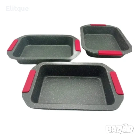 Комплект 3 тави за печене Cheffinger с мраморно покритие и силиконови дръжки , снимка 2 - Форми - 53178717
