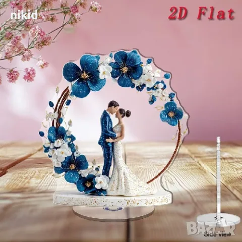 въртяща 360 ° Сватбена Двойка Синьо-Бяла Цветна Арка цветя 2D Акрилна Фигурка топер за торта връх