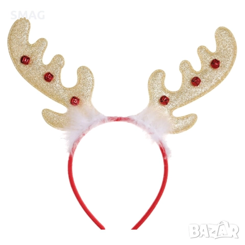 Коледна диадема с еленски рога, пухчета и звънчета 13 см_1255077