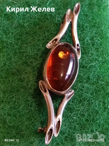 Винтидж сребърна брошка с ЕСТЕСТВЕН БАЛТИЙСКИ КЕХЛИБАР елегантна Арт бижу 38755, снимка 4 - Антикварни и старинни предмети - 52912928