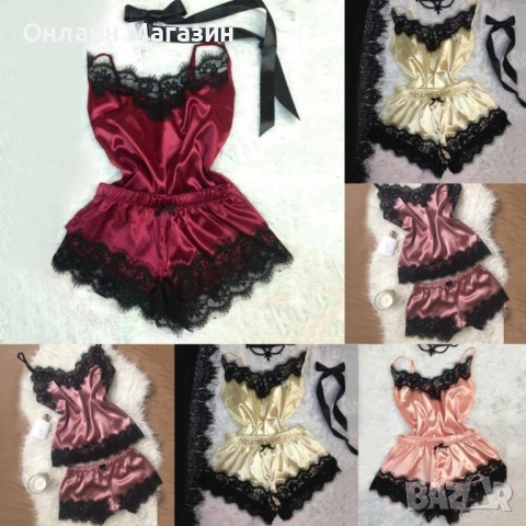 Нови Елегантна дамска пижама – топ, къси панталонки и сатениран аксесоар. Цветове - чисто черен/чере, снимка 3 - Пижами - 52062426