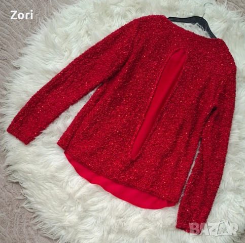 УНИКАЛНА блуза от червено букле, цялата в червени пайети, снимка 5 - Блузи с дълъг ръкав и пуловери - 52960574
