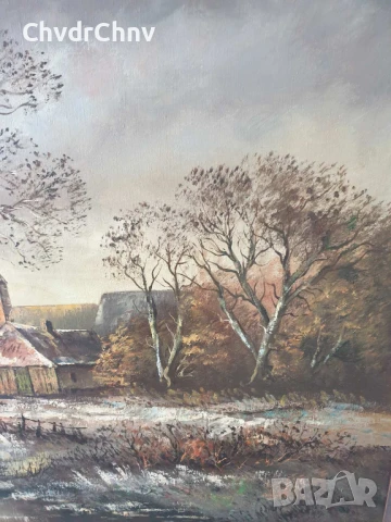 120х90см/стара голяма картина масло върху платно/пейзаж/село-река-мост/дървена рамка, снимка 6 - Картини - 51131255