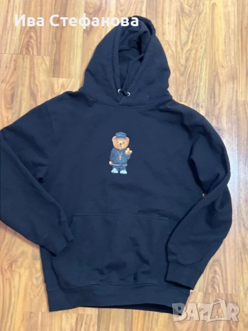 Спортна черна памук памучна ватирана блуза суичър суитшърт с качулка мече , снимка 4 - Пуловери - 51779462