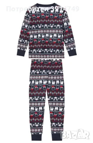 Детска пижама долнище + горнище 100% памук, зимен / празничен коледен мотив, размер 122-128, НОВА