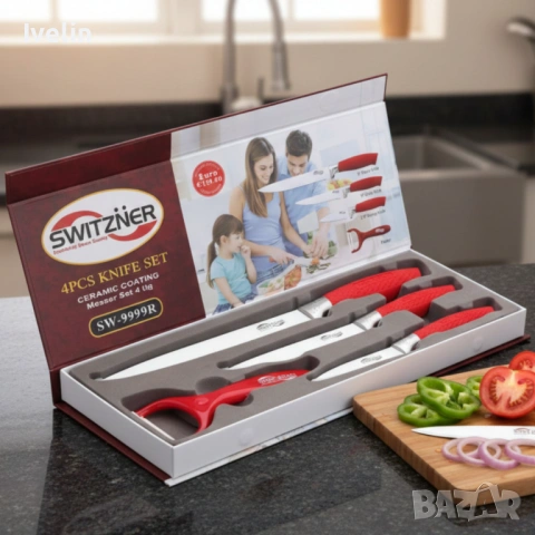 Комплект ножове Switzner от 4 части с керамично покритие и ергономични силиконови дръжки – Стил и пр, снимка 2 - Прибори за хранене, готвене и сервиране - 53902565