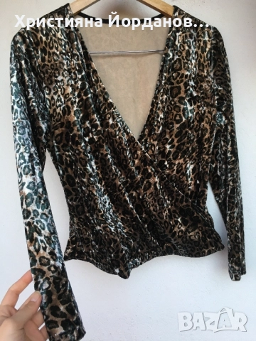Леопардов десен блуза с отворено деколте, снимка 3 - Блузи с дълъг ръкав и пуловери - 52366159
