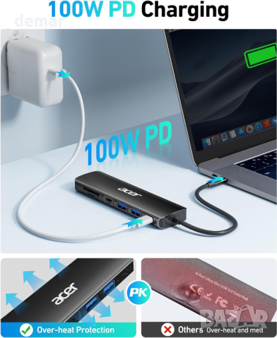 Acer USB C Hub, 7 в 1 USB C към 4K HDMI, 2 USB 3.1, Type-C, PD 100W, четец на SD карти, снимка 3 - Кабели и адаптери - 44518431