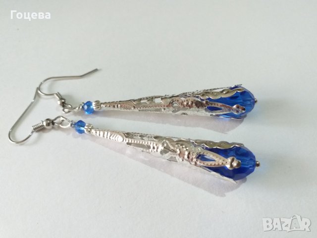 Великолепни обици Викториански стил с кристали в кралско синьо и орнаменти в цвят Сребро, снимка 6 - Обеци - 34939867