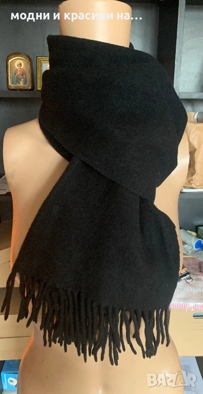 Зимен черен шал  с ресни (фина вълна virgin wool), снимка 1