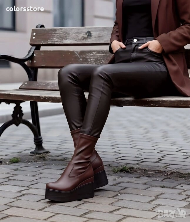 Боти на платформа - кафява кожа с черно ходило - 124K , снимка 1