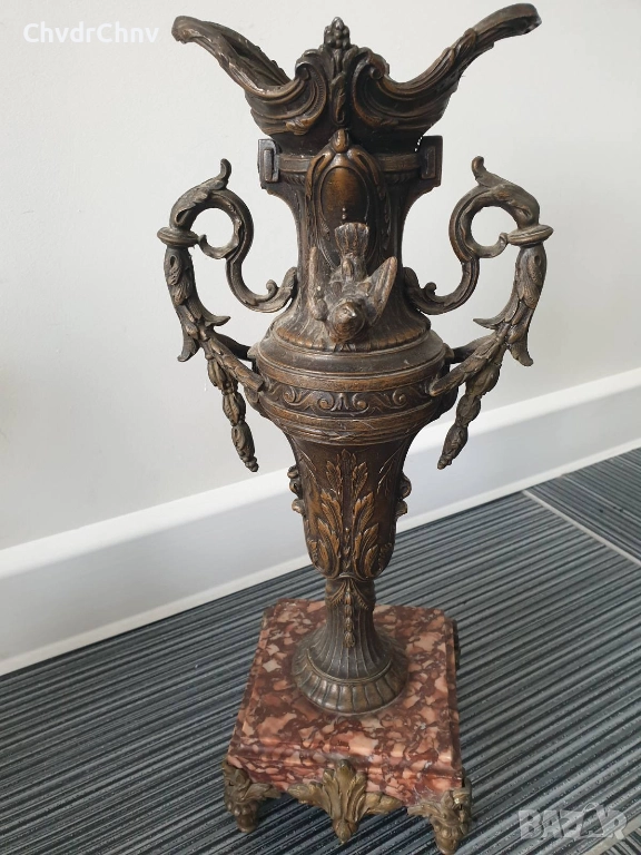 Франция 1800-те/37см-4кг/стара френска метална ваза ЦАМ-бронз-розов мрамор, снимка 1