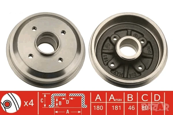 Барабан спирачен заден за CITROEN AX;PEUGEOT 106 I,106 II,206,206+ 1.0-1.9D 04.87г.- № S70401, снимка 1