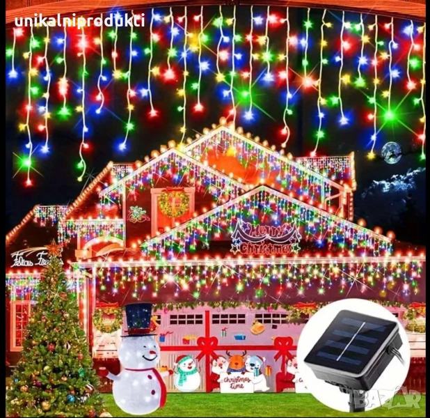 Коледни соларни лампички LED завеса 3м х 30-50см многоцветна светлина с 8 програми, снимка 1