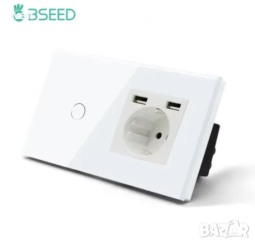 Сензорен прекъсвач, контакт и 2 USB входа 5А, стъкло, бял, 