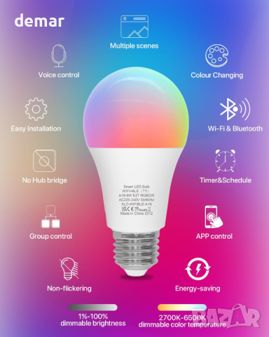 LUTW Интелигентна електрическа LED крушка, E27 с промяна на цвета,съвм. Amazon Alexa,Google Home, 9W, снимка 2 - Крушки - 44736988