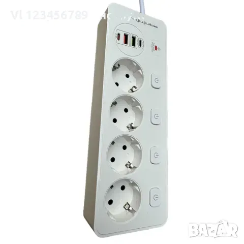 Разклонител защита от пренапрежение, 4 гнезда, 2 USB, 2 Type-C, 3250W, бял, 2 м, снимка 1 - Други стоки за дома - 48882414