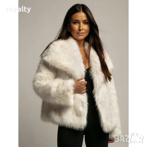 Дамско бяло палто с еко-косъм и голяма яка, снимка 2 - Палта, манта - 52198475