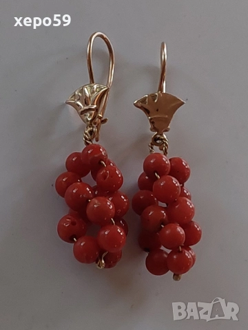 Дамски златни 18 каратови обеци с натурални корали, снимка 5 - Обеци - 52226472