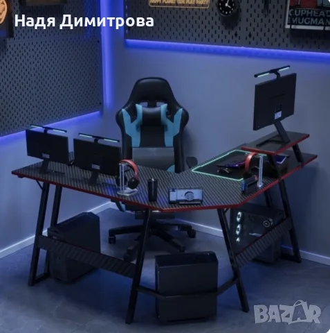 Ъглово геймърско бюро – Карбон дизайн, стойка за монитор и голяма работна площ 130 см, снимка 2 - Бюра - 56104150
