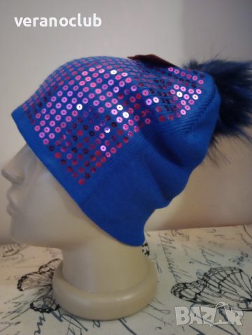 Синя шапка Виолетови пайети, снимка 2 - Шапки - 38657488