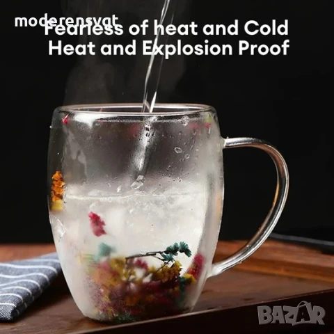 Стъклена чаша двустенно стъкло с цветя за кафе и чай 250 мл, снимка 4 - Чаши - 51204470