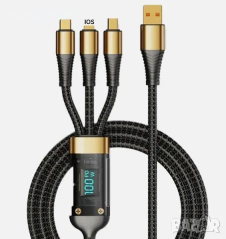 Плетен 3в1 USB кабел /100W/ Fast Charging / Черен / Без опаковка Баркод : 2403929, снимка 3 - USB кабели - 50379379