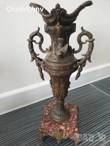 Франция 1800-те/37см-4кг/стара френска метална ваза ЦАМ-бронз-розов мрамор