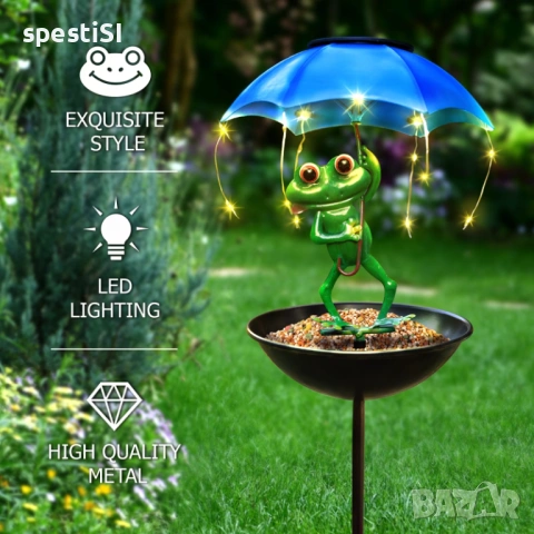 Соларна лампа ЖАБА за градина с чадър и хранилка за птици (84 см) - КОД 4998, снимка 2 - Соларни лампи - 54150283