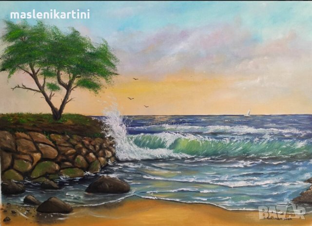 Морски изгрев и вълни маслена картина