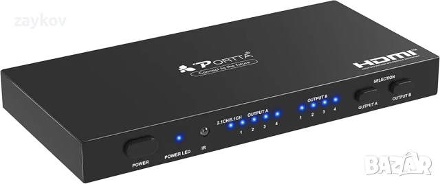 PORTTA HDMI Matrix 4x2, 4 входа 2 изхода 4K HDMI матричен сплитер с SPDIF коаксиален