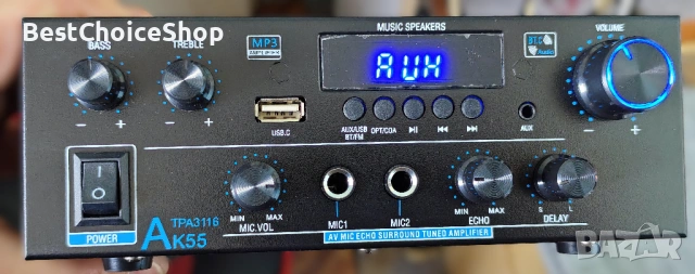 AK55 HiFi стерео мини усилвател 50W + 50W Bluetooth 5.3 – Черен, снимка 3 - Ресийвъри, усилватели, смесителни пултове - 53101515