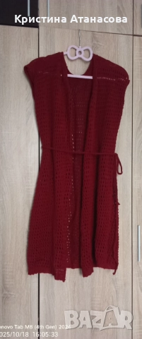 Елегантна ръчно плетена жилетка в червен бордо нюанс 💃, снимка 6 - Жилетки - 52161696