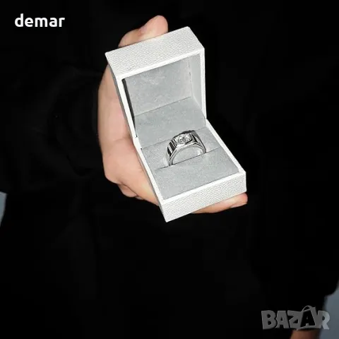 Мъжки стилен пръстен с 1 карат диамант D цвят, моисанит, бяло позлатено сребро, снимка 4 - Пръстени - 50266740