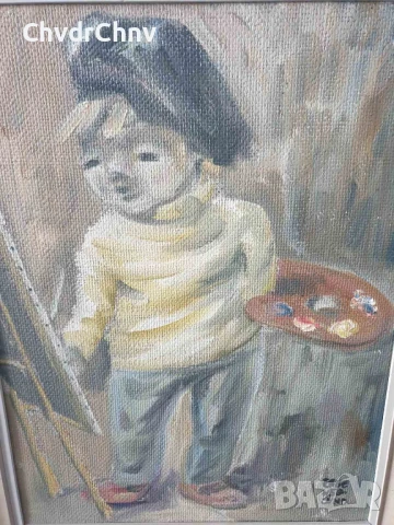 46x35см наивизъм/2бр шведска картина масло върху платно/момиченце с цветя/момченце художник, снимка 7 - Картини - 46846778