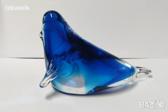 Прекрасен тюлен от масивно кобалтово стъкло, снимка 6 - Статуетки - 53034463